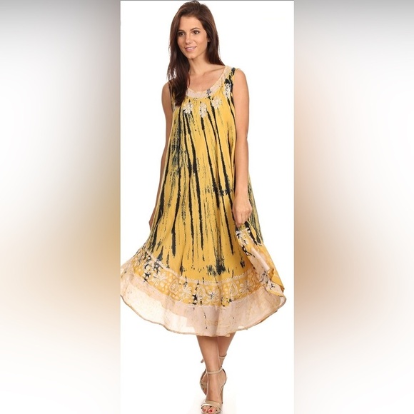 Sakkas Dresses & Skirts - Sakkas Yellow Alexis Embroidered Long Sleeveless Floral Caftan